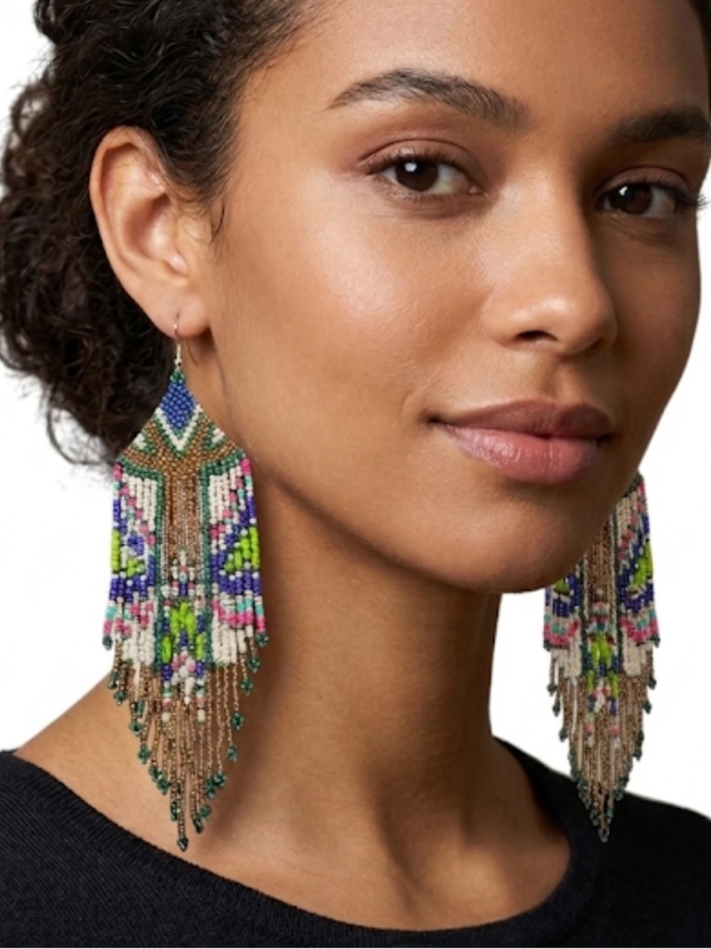 Boho Colorful Beaded Fringe Statement‎ Earrings 4.5” Indiegirl Y2K Southwestern